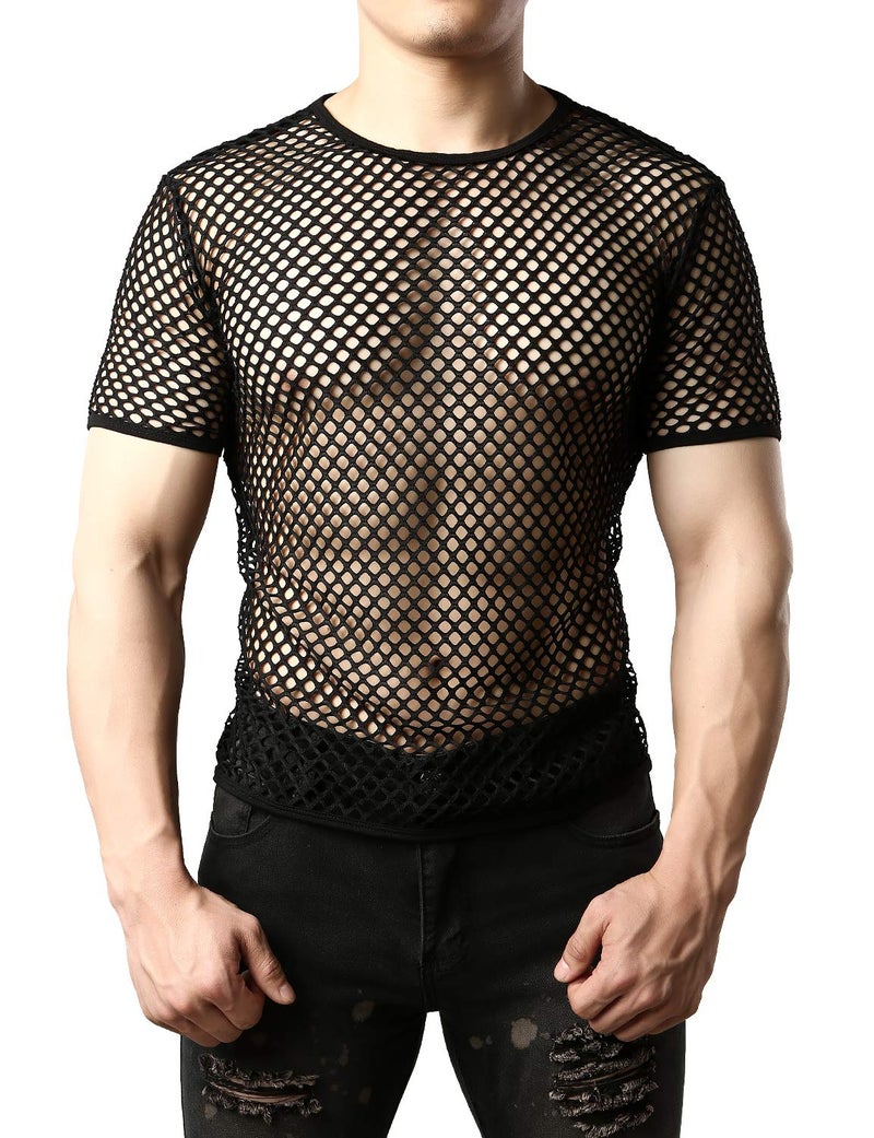 JOGAL Men's Mesh Fishnet Fitted Short Sleeve Muscle Top Large WG02 Black - Image 3
